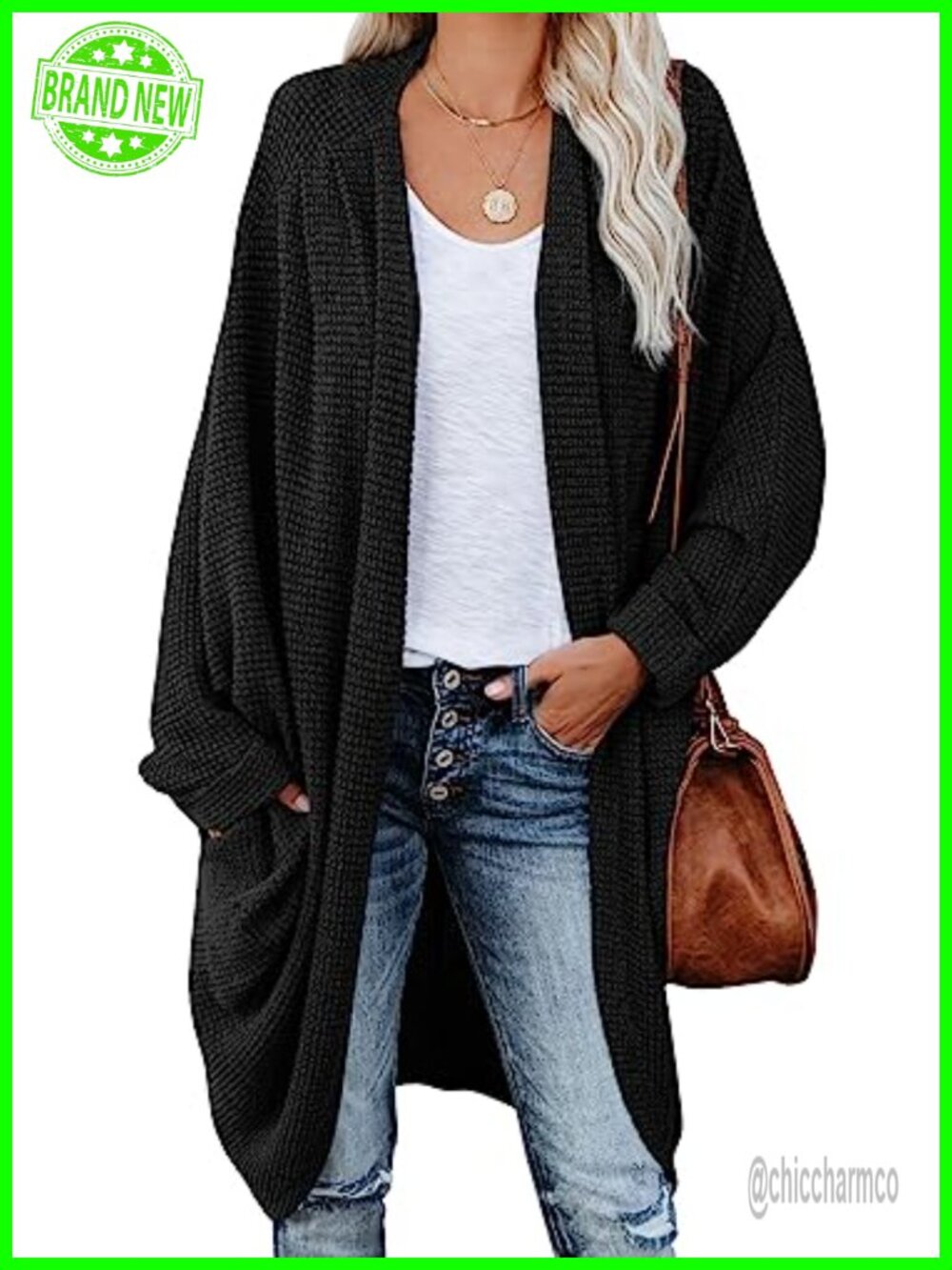 Oversized Chunky Knit Cardigan Batwing Sleeve Waffle Cable Boho Sweater Coat